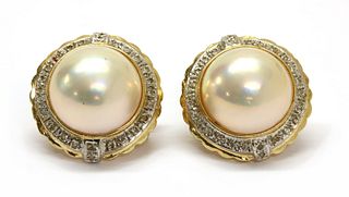 A pair of gold mabé pearl and diamond earrings,