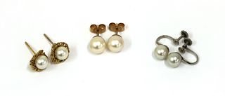 Three pairs of pearl earrings,