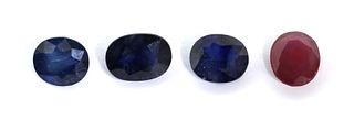Three oval mixed cut lead glass fracture filled sapphires,