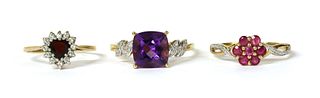 A 9ct gold amethyst ring and zircon ring,