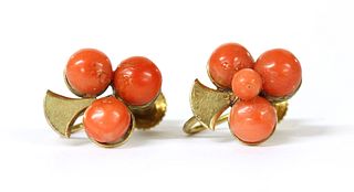 A pair of gold coral bouton trefoil earrings,