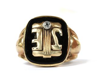 A gold onyx and diamond signet ring,