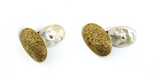 A pair of gold cultured freshwater pearl cufflinks,
