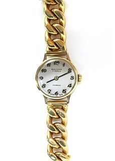 A ladies' 9ct gold Waltham manual wind bracelet watch,