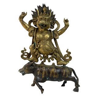 Antique Chinese Gilt Brone Hindu God On Ox