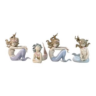 4 Lladro Spain Mermaid Glazed Porcelain Scultpures