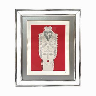 Erte Portrait Of Woman Lithograph With Red Ground