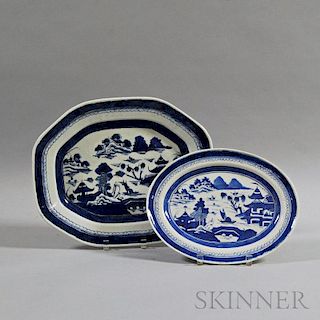 Two Blue and White Canton Porcelain Platters