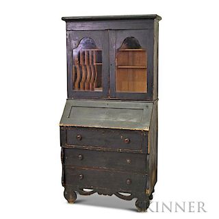 Country Black-painted, Glazed Desk/Bookcase