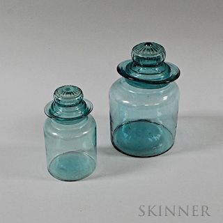 Two Aqua Blown Glass Jars