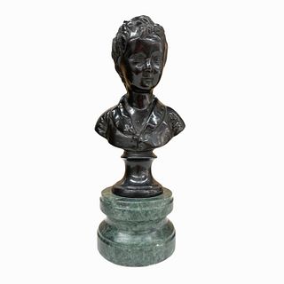 Bronze Bust Sculpture Of Boy on Green Marble Base
