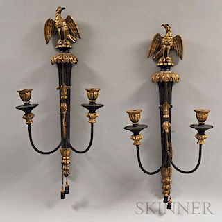 Pair of Neoclassical-style Carved, Parcel-gilt, Two-light Sconces
