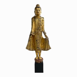 Large Burmese Gilt Wood Jeweled Standing Buddha