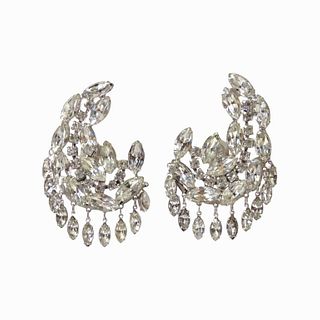 Pair Oversized Silver Tone Jeweled Clip Climbers
