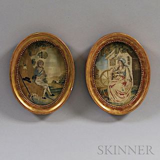 Pair of Oval Silk Needlework Figural Scenes