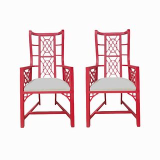 Pr Red Painted Wooden High Back Arm Chairs
