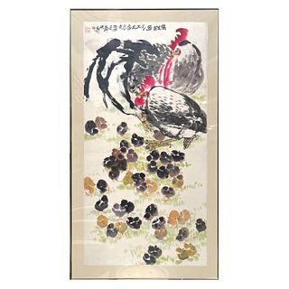Large Chinese Watercolor on Rice Paper of Roosters