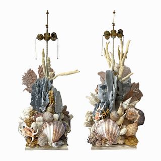 Pair Of Figural Coral And Shell Sea Life Lamps