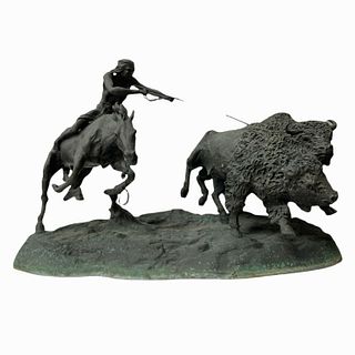 CM Russell Large Bronze Indian & Buffalo Group