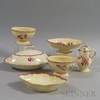 Six Puce Floral-decorated Staffordshire Items