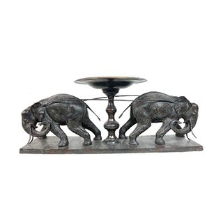 A Large Bronze Elephants Group Centerpiece Bowl