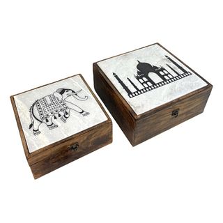 2 Graduating Indian Wood Marble Inlay Painted Boxe