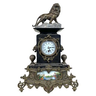 Antique Continental Lion Motif Onyx Case Clock