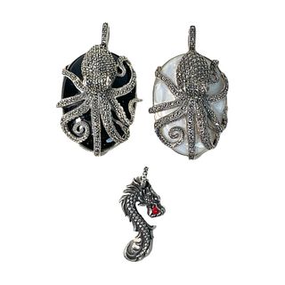 3 Sterling Silver Jeweled Octopus Dragon Pendants