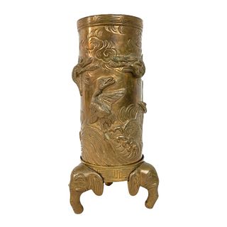 Heavy Vintage Chinese Brass Cranes Cylinder Vase