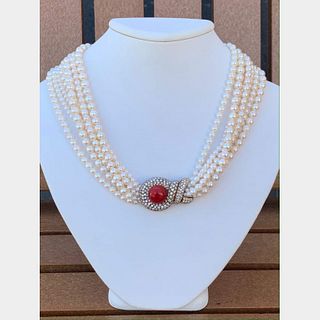 Pearl, Coral, And Diamond Necklace