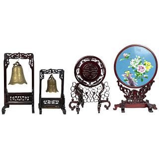 4 Chinese Wooden Bell and Plaque Items With Stands