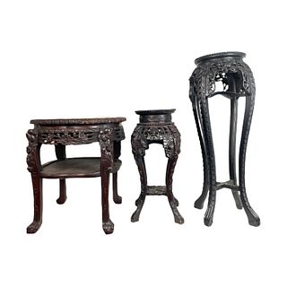 3 Chinese Vintage Marble Inlay Wooden Pedestals