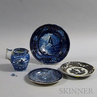 Four Pieces of Staffordshire Mostly Blue and White Transfer-decorated Pottery