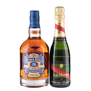 Lote de Whisky y Champagne. Chivas Regal. G.H. Mumm. En presentaciones de 375 y 750 ml. Tota de piezas: 2.