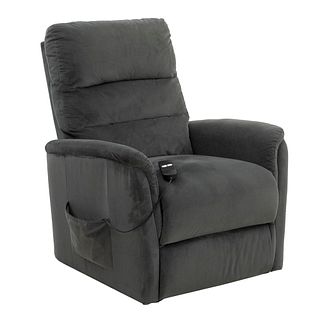 Reposet. SXX. Estructura de madera y metal con tapicería en color gris. Respaldo cerrado reclinable, asiento acojinado y reposa pies.