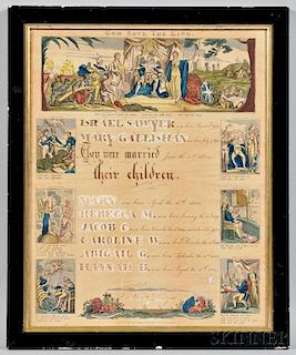Hand-colored Lithographed and Pen and Ink Decorated Sawyer Family Record
