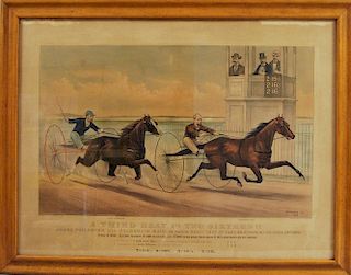 Framed Currier and Ives Colored Engraving A Third Heat In Two Sixteen