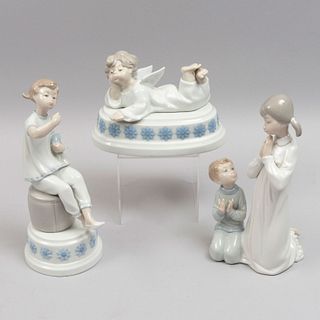 Lote de 3 figuras decorativas. España, Siglo XX. Elaboradas en porcelana Lladró.  2 con bases con caja musical de cuerda. Ni...