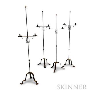 Four Wrought Iron and Brass Adjustable Candlestands