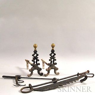 Wrought Iron Trammel, a Stilliard Scale, and a Pair of   Andirons