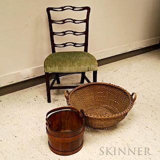 Chippendale Mahogany Ribbon-back Side Chair, a Bucket, and a Woven Splint Basket.