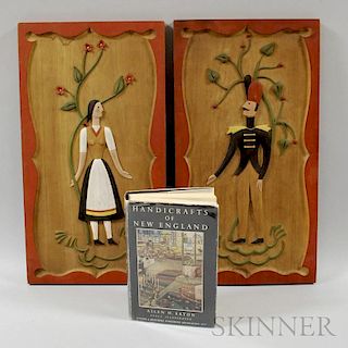 Pair of Relief-carved Polychrome Figural Plaques and a Book