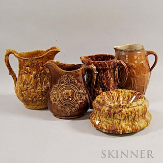 Five Mostly Rockingham-glazed Stoneware Vessels
