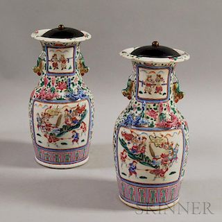 Pair of Large Famille Rose Porcelain Vases