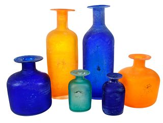 Set of Six Murano Cenedese Vetri Glass Bottles