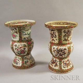 Two Rose Medallion Ku-form Porcelain Vases