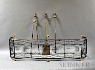 Three Brass Fireplace Tools and a Wirework and Brass Fireplace Fender