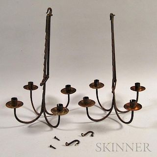 Two Wrought Iron Four-light Adjustable Chandeliers