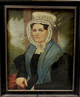 American School, 19th Century       Portrait of a Woman with a Bible and Bonnet.