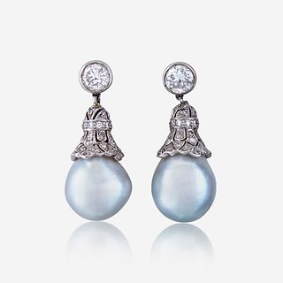 A pair of diamond, cultured pearl, and platinum earrings